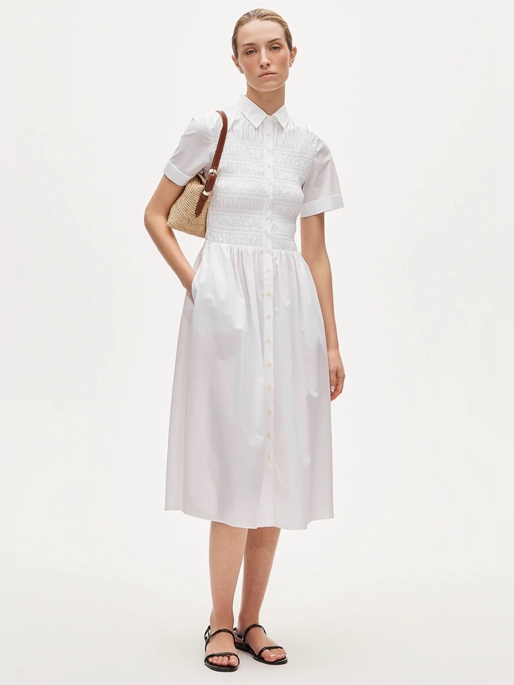 J.Crew Elsie Shirt Dress Cotton Poplin White Smocked Midi Size S NWT